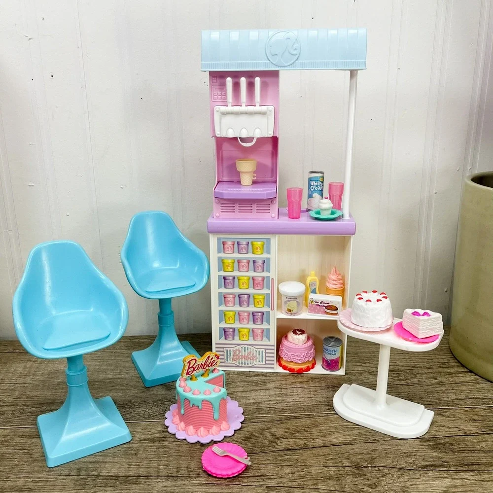Barbie Sweet Shop Playset Ice Cream Counter Chairs Cake Accessories Lot